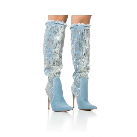 AZALEA WANG CARSYN DISTRESSED DENIM BOOT W/ GEM EMBELLISHMENT NWB US SZ 7 - Picture 2 of 6